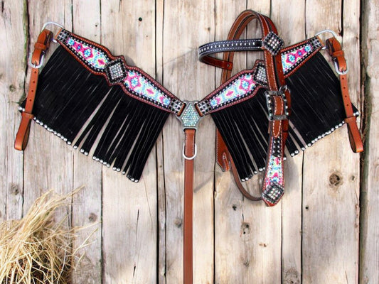 Pony Size Pyschedelic Tie Dye browband headstall and breast collar set with black suede leather fringe