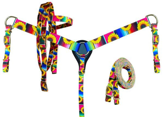 Pony Size Serape Sunflower Print Headstall & Breast Collar Set | Nylon Horse Tack