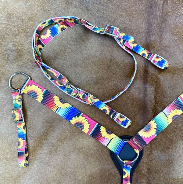 Pony Size Serape Sunflower Print Headstall & Breast Collar Set | Nylon Horse Tack