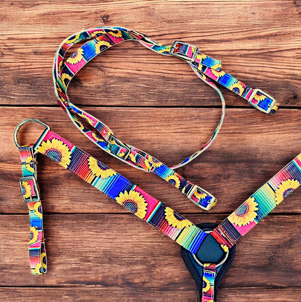 Pony Size Serape Sunflower Print Headstall & Breast Collar Set | Nylon Horse Tack