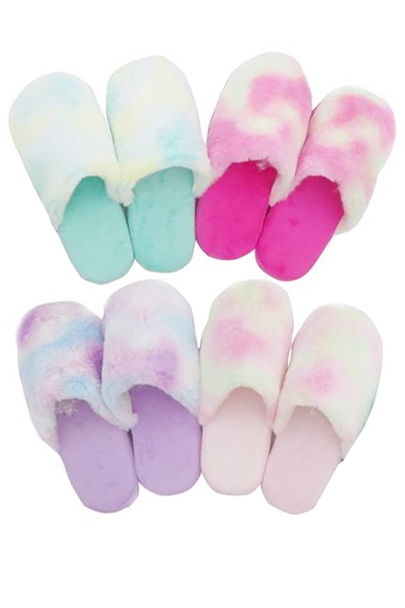 Tie Dye Pastel Fuzzy Fleece Foam Lounge Slippers