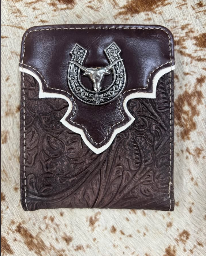 Tooled Leather Western Wallet – Floral Carved Two-Tone Bifold with Steerhead