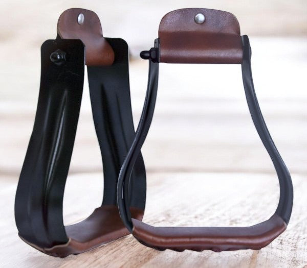 Black steel western stirrups with leather tread