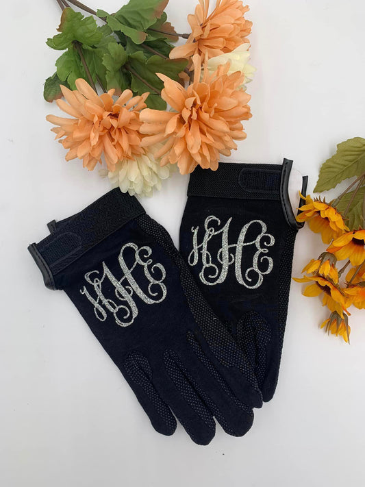 Monogrammed Black Riding Gloves for Equestrians