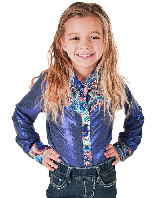 Girls Blue Metallic Pullover Button Up with Paisley Accents