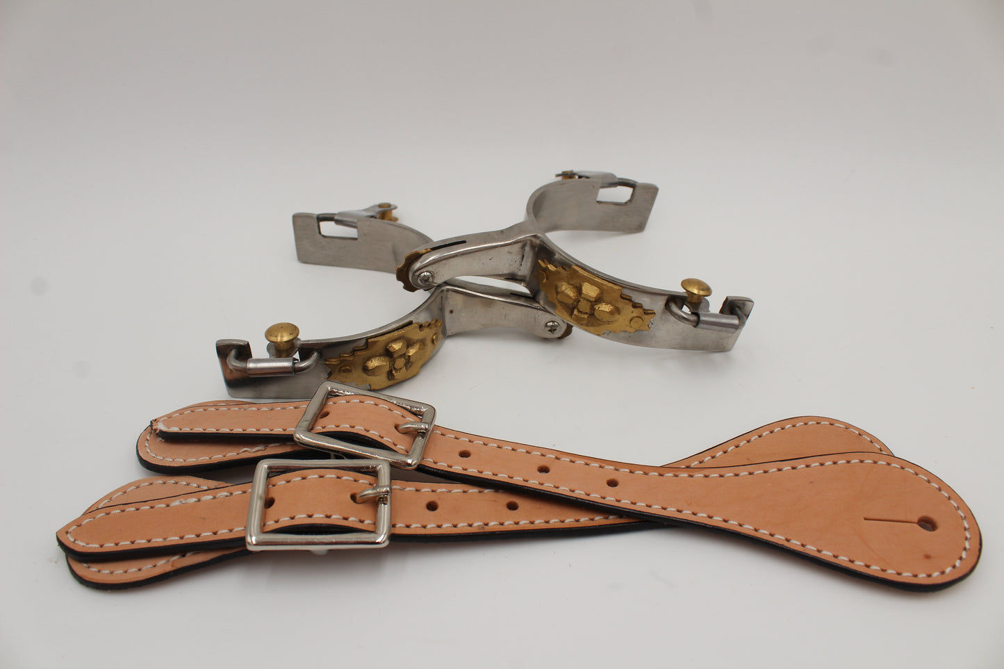 Western Stainless Steel Mens spurs with brass decoration includes Straps