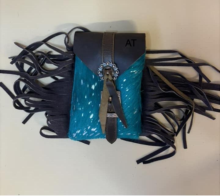 Acid Wash Teal Cowhide Saddle Bag | Personalized Initials | Phone Keys Money Snacks | 8.5 X 5