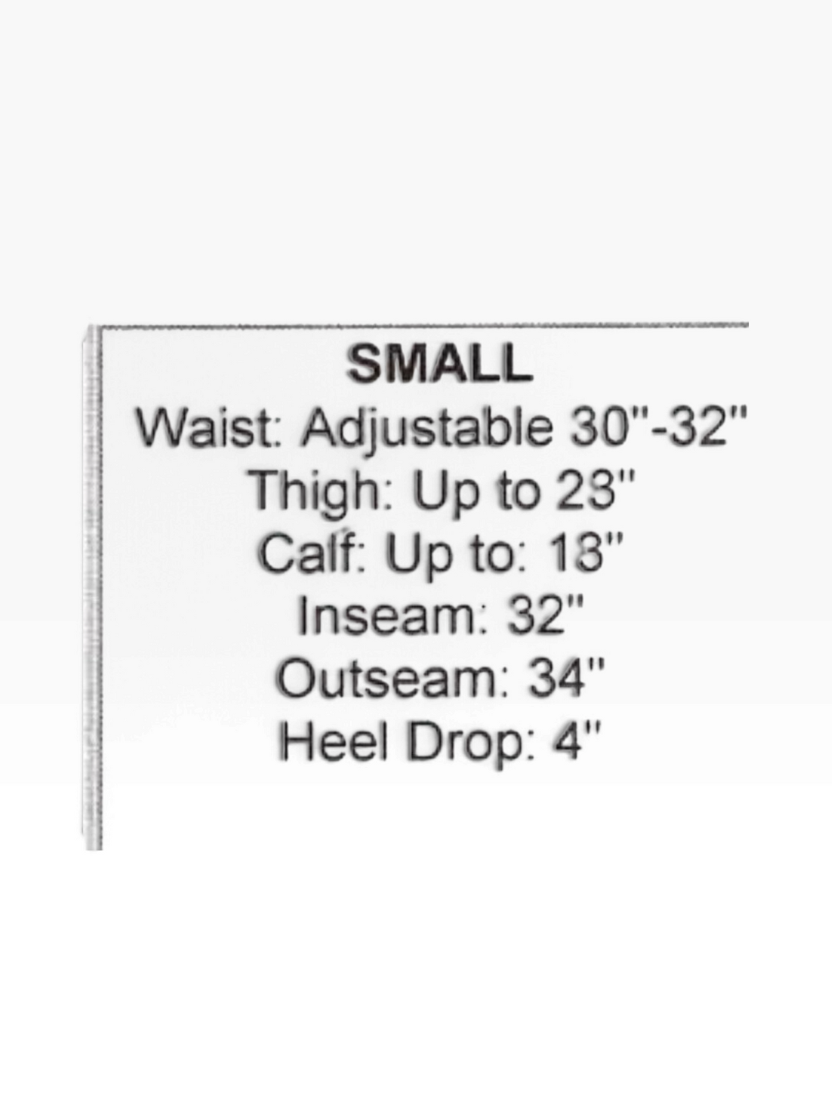 Clarabeths size chart for small western suede leather chaps showing waist, thigh, calf, inseam, and outseam measurements.