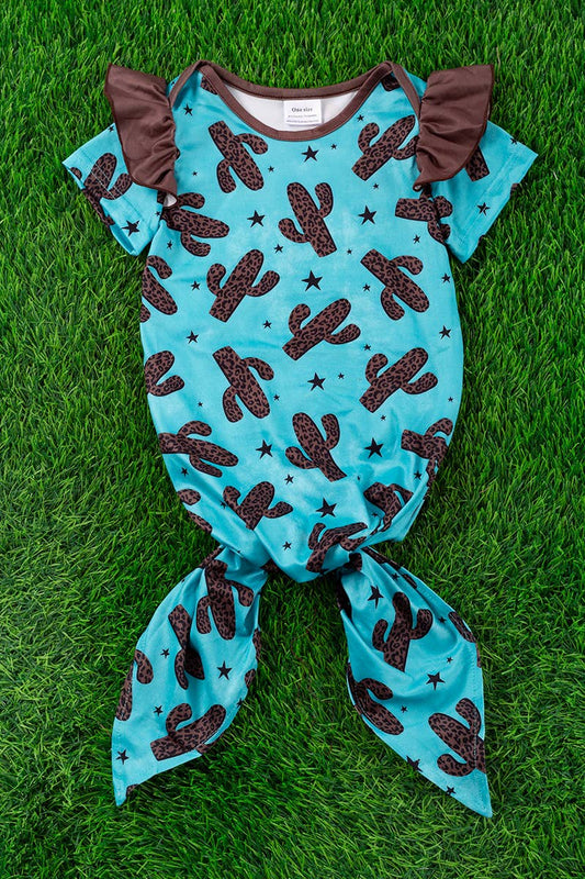 BROWN CACTUS PRINTED BABY GOWN WITH BROWN ANGEL SLEEVES.