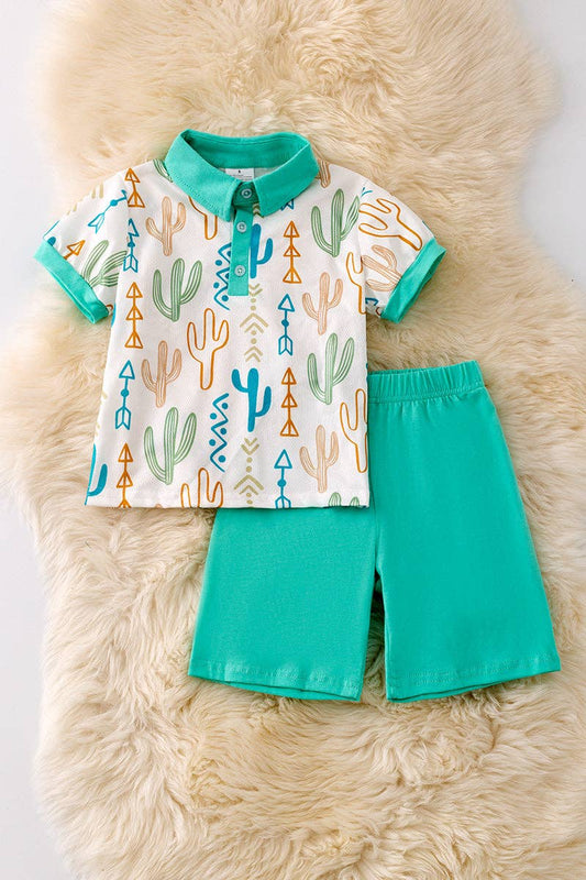 White collar shirt with cactus print & mint shorts.