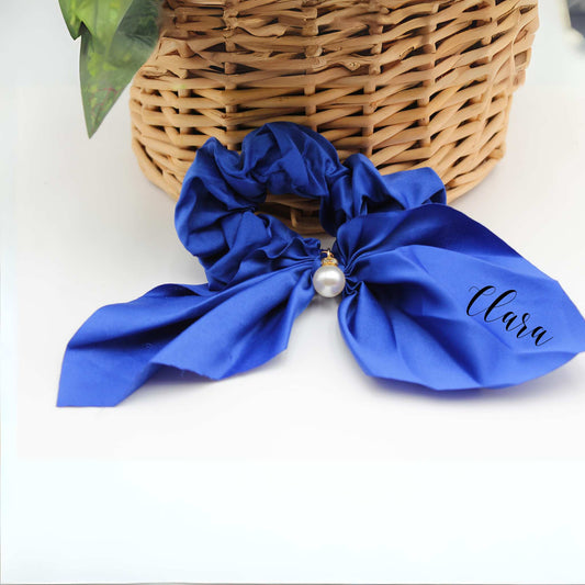 Personalized Name Satin Scrunchies with Bow & Pearl Accent