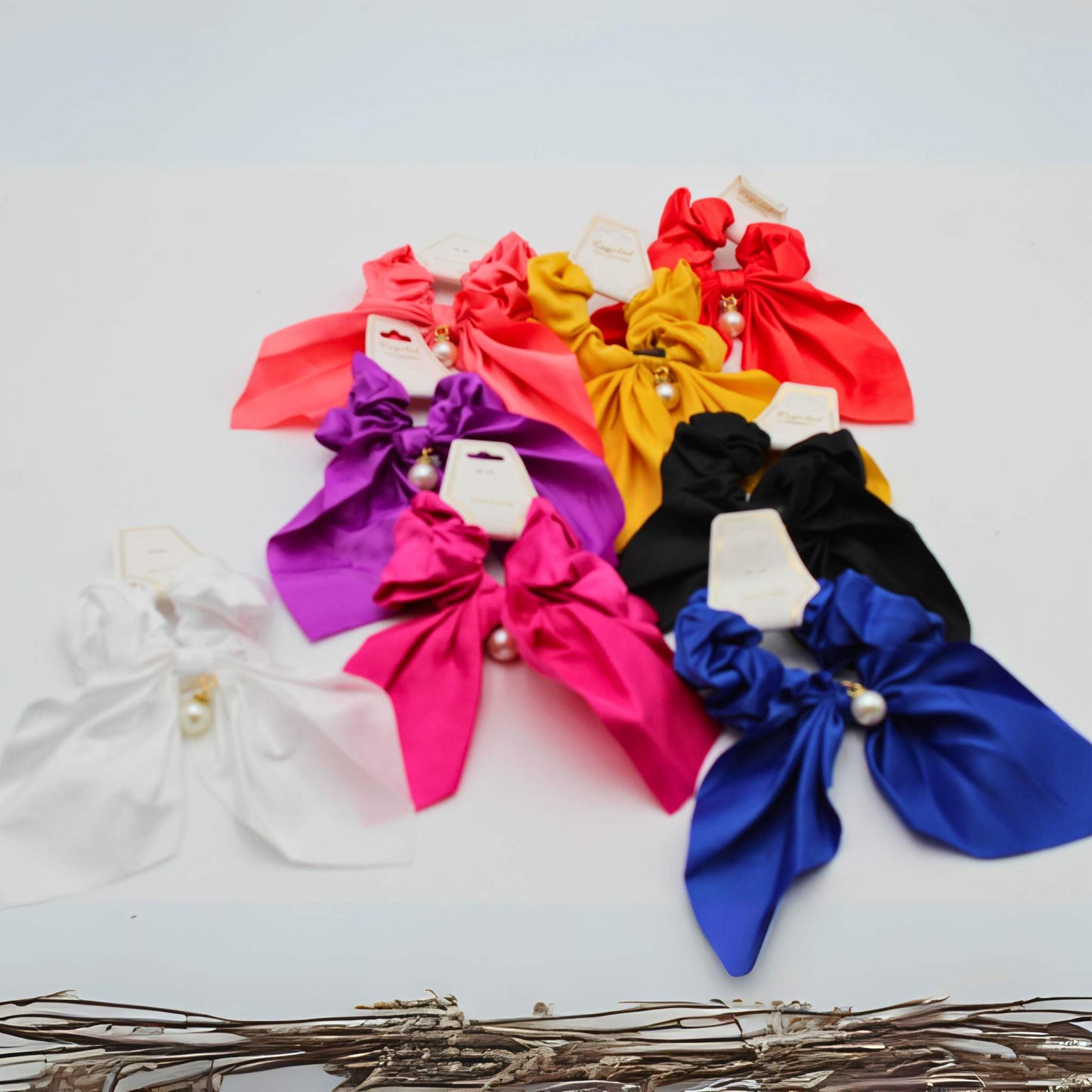 Personalized Name Satin Scrunchies with Bow & Pearl Accent