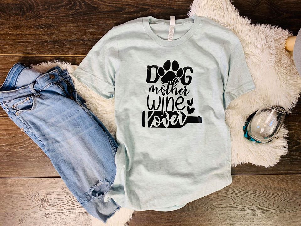 Dog Mother Wine Lover Unisex Graphic Tee, T-shirt Heather Ice Blue Color | Clarabeths