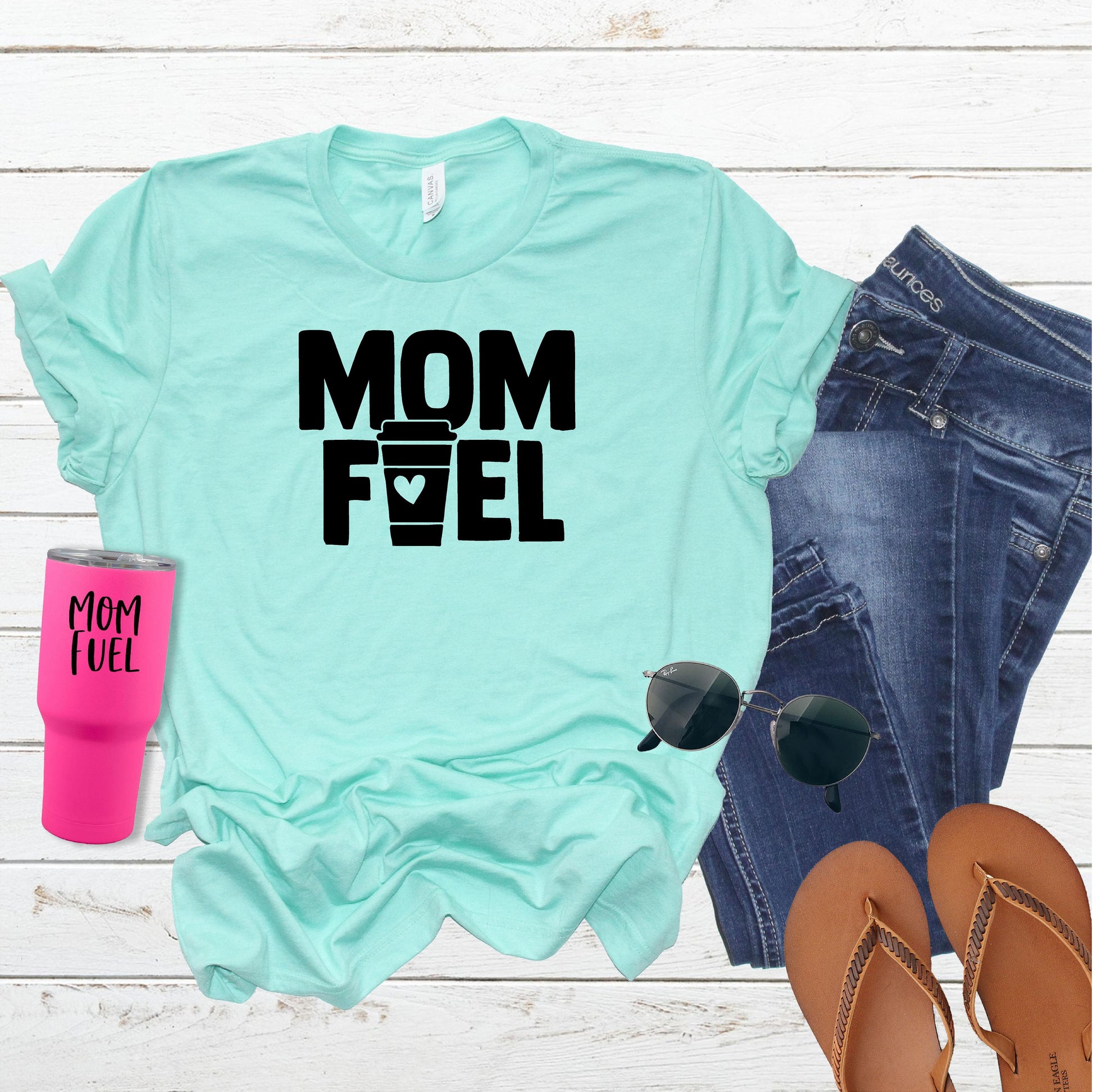 Coffee Mom Fuel Mom Tee, Mothers Day Graphic Tee, Heather Ice Blue Shirt | Clarabeths